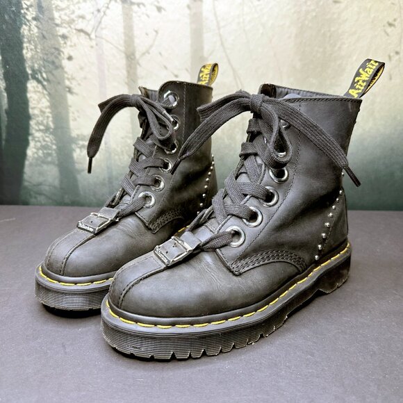 Dr Martens Gomez Combat Ankle Boots Black Moldova Leather Studded US 7 RARE - Picture 2 of 12